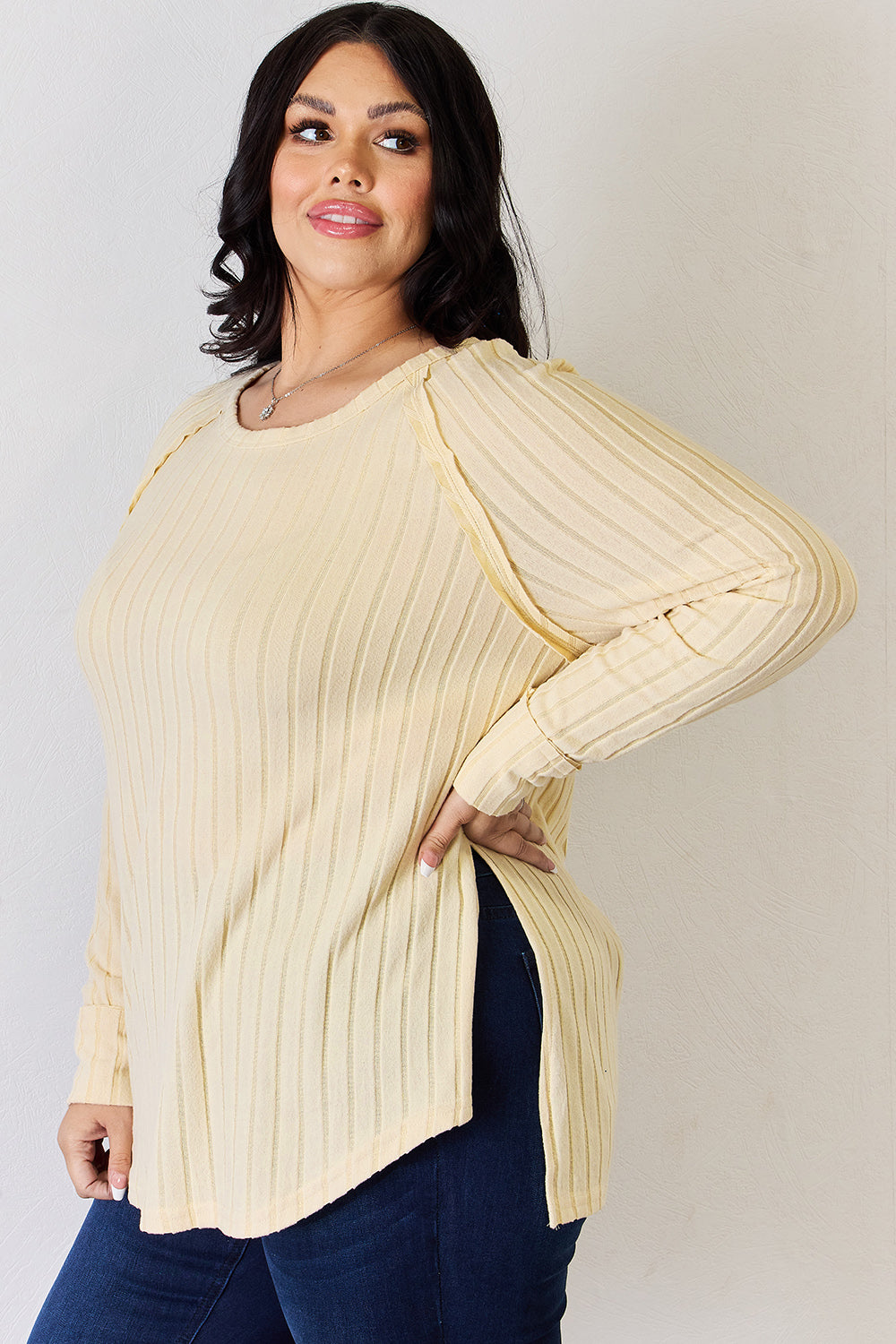 Ribbed Round Neck Slit T-Shirt - 5 Colors