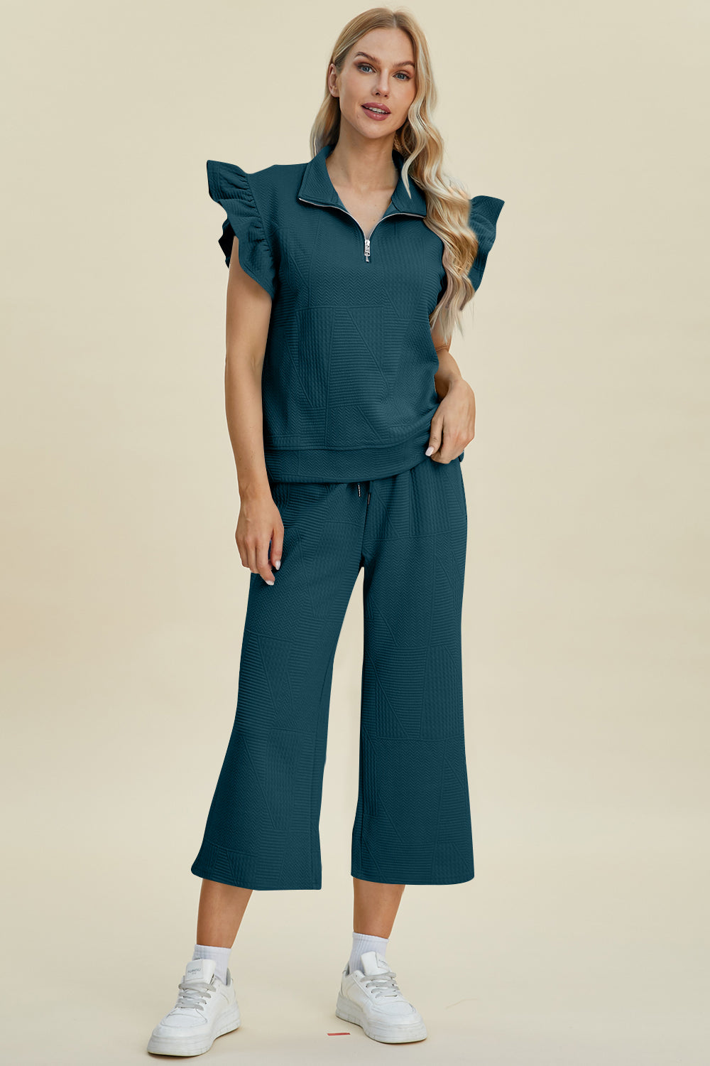 Texture Ruffle Short Sleeve Top and Wide Leg Pants Set - 5 Colors