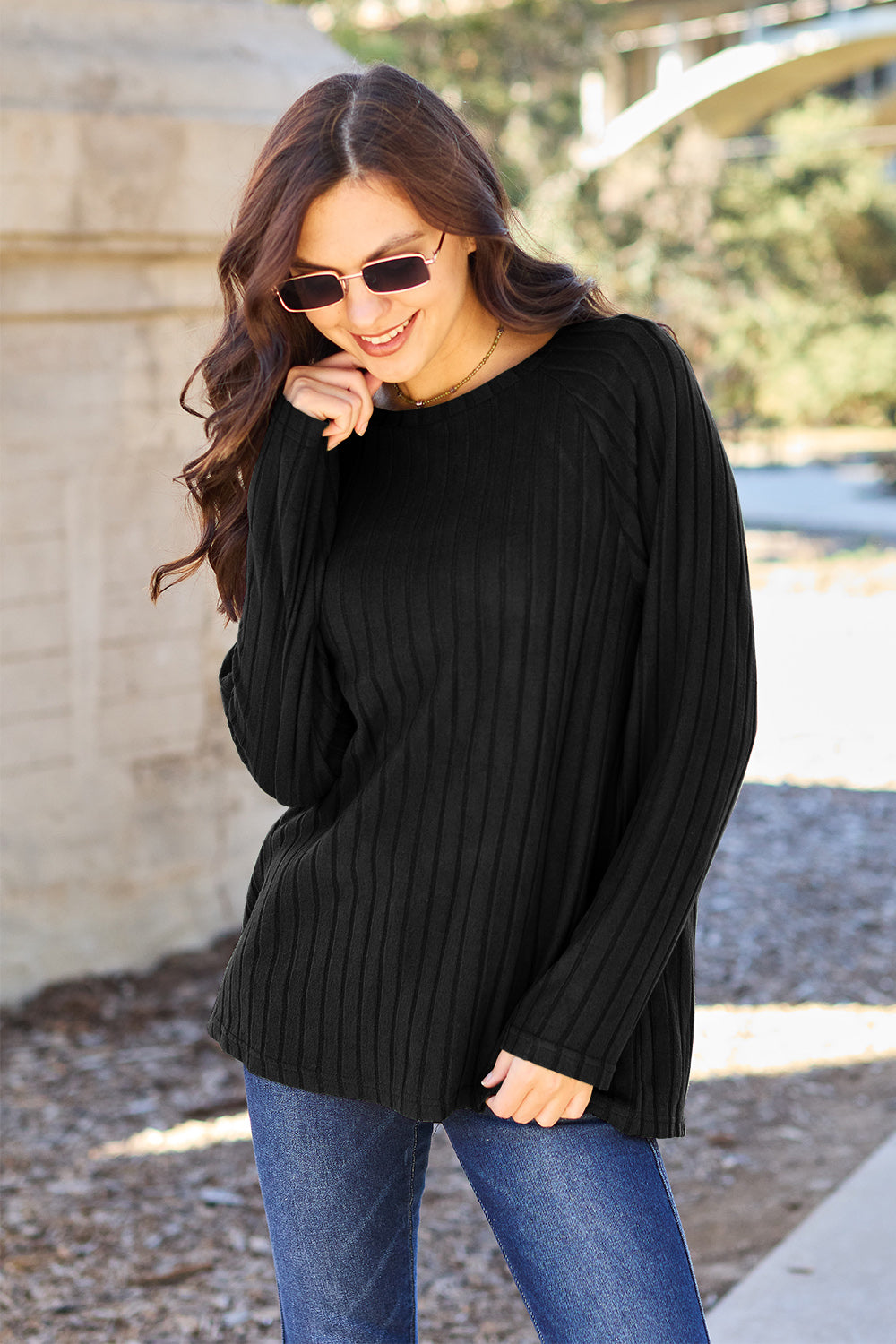 Ribbed Round Neck Long Sleeve Knit Top - 5 Colors