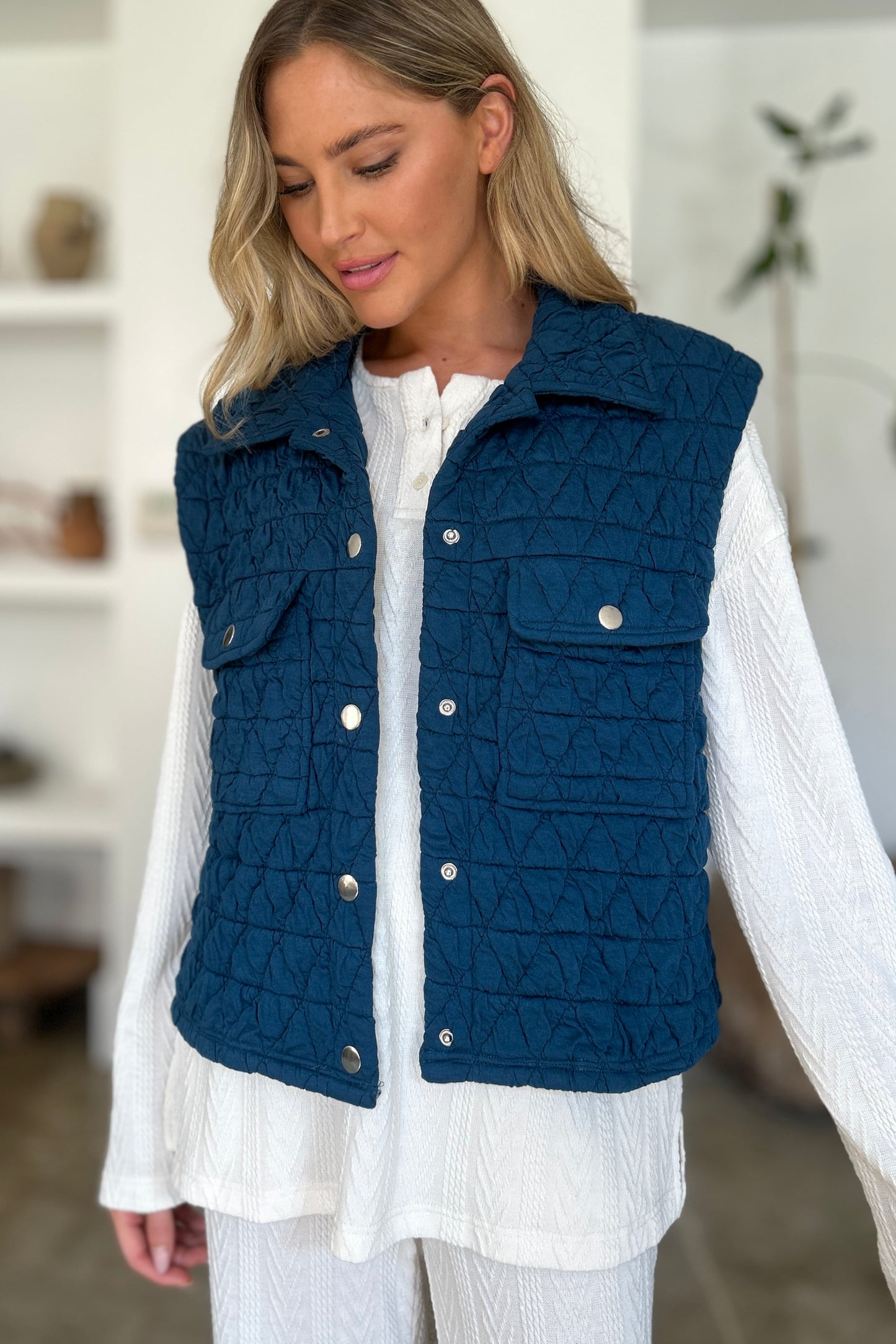 Pocketed Texture Snap Down Vest Coat - 2 Colors