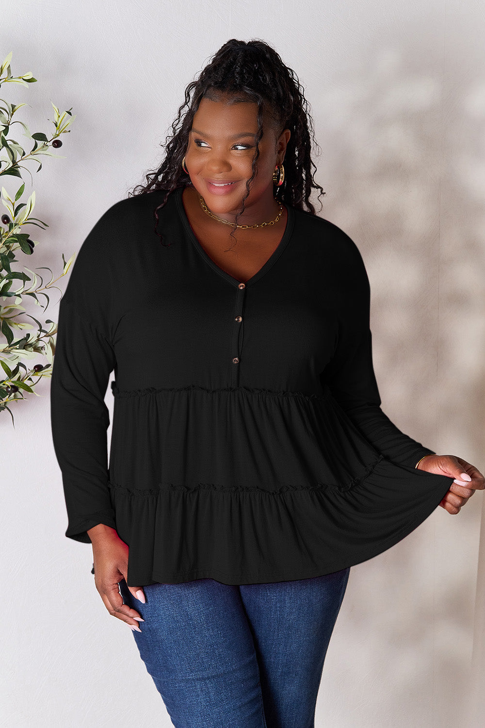 Half Button Long Sleeve Ruffle Hem Blouse - 7 Colors