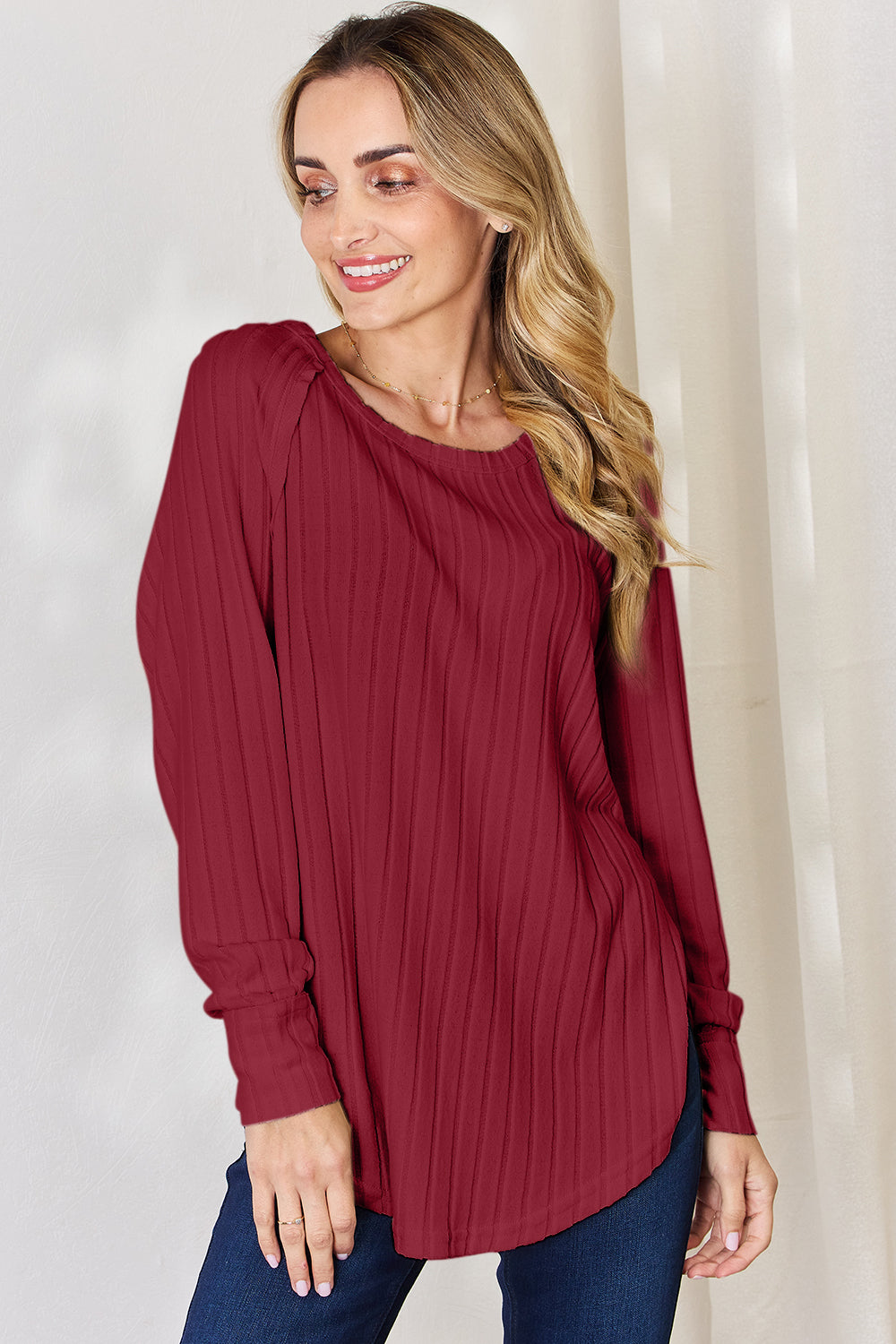 Ribbed Round Neck Slit T-Shirt - 5 Colors