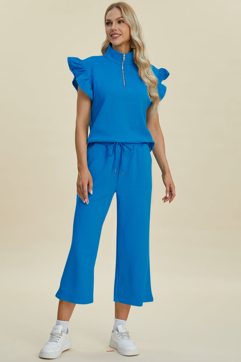 Texture Ruffle Short Sleeve Top and Wide Leg Pants Set - 5 Colors