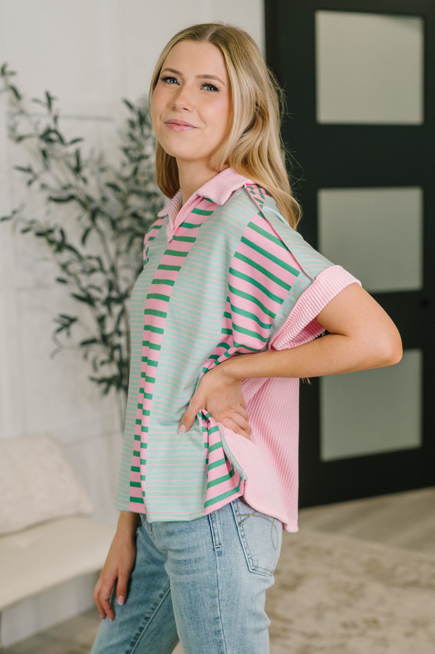 Can't Control It Collared Color Block Top