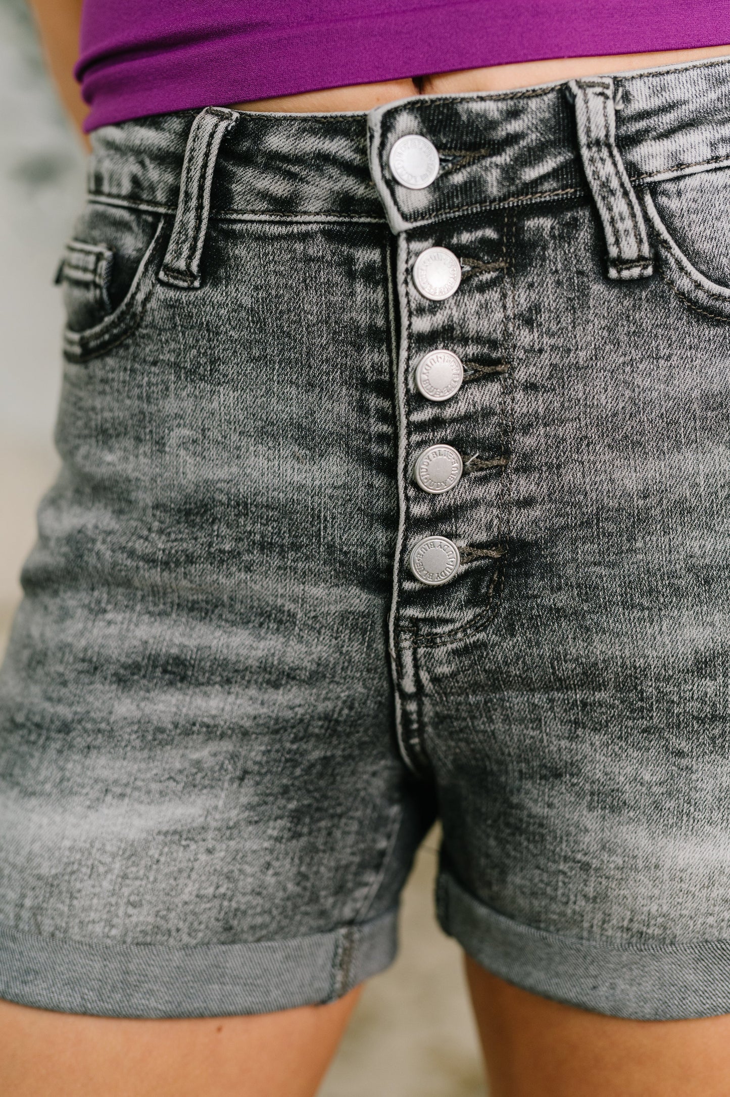 Greyson High Rise Button Fly Cuffed Shorts in Grey