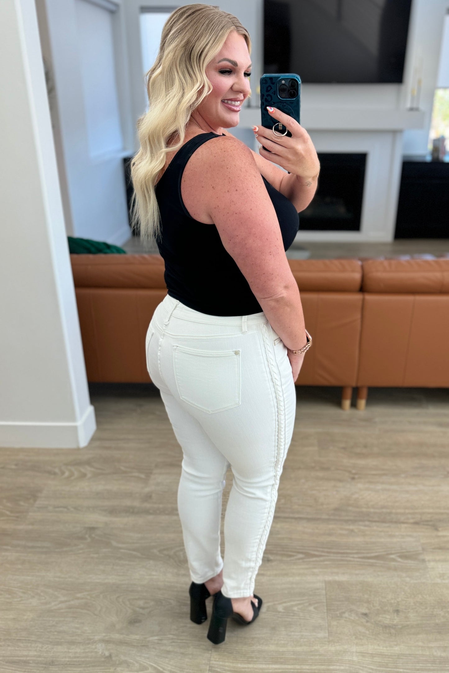 Judy Blue Mid Rise Braided Side Seam Relaxed White Jeans