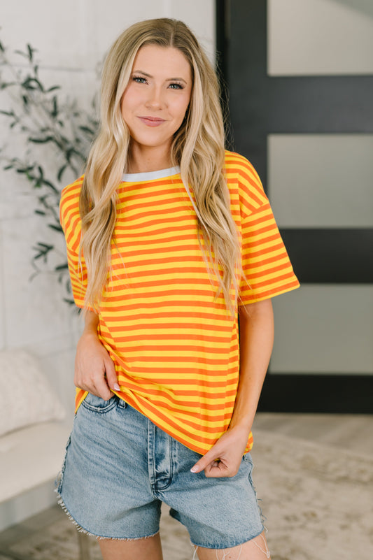 I Think I'm in Love Round Neck Loose Tee in Orange and Yellow