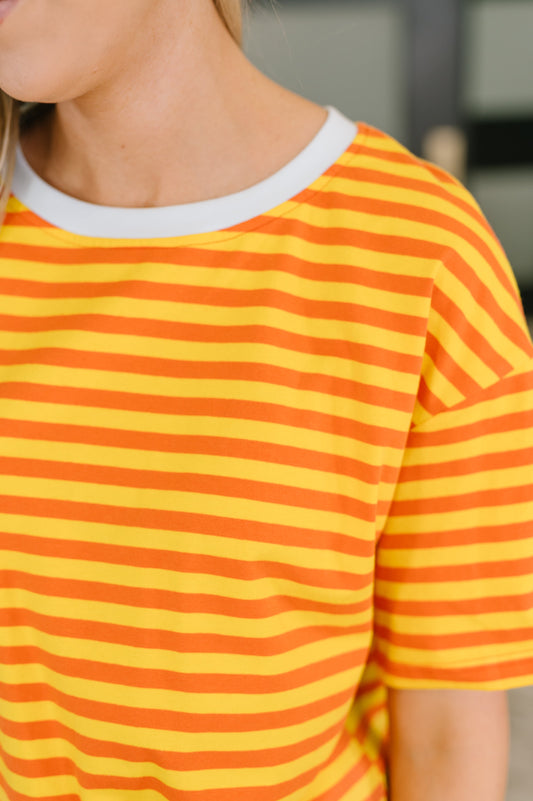 I Think I'm in Love Round Neck Loose Tee in Orange and Yellow