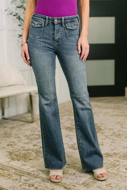 Judy Blue Mid Rise Flare Jean with Front Flap Pockets