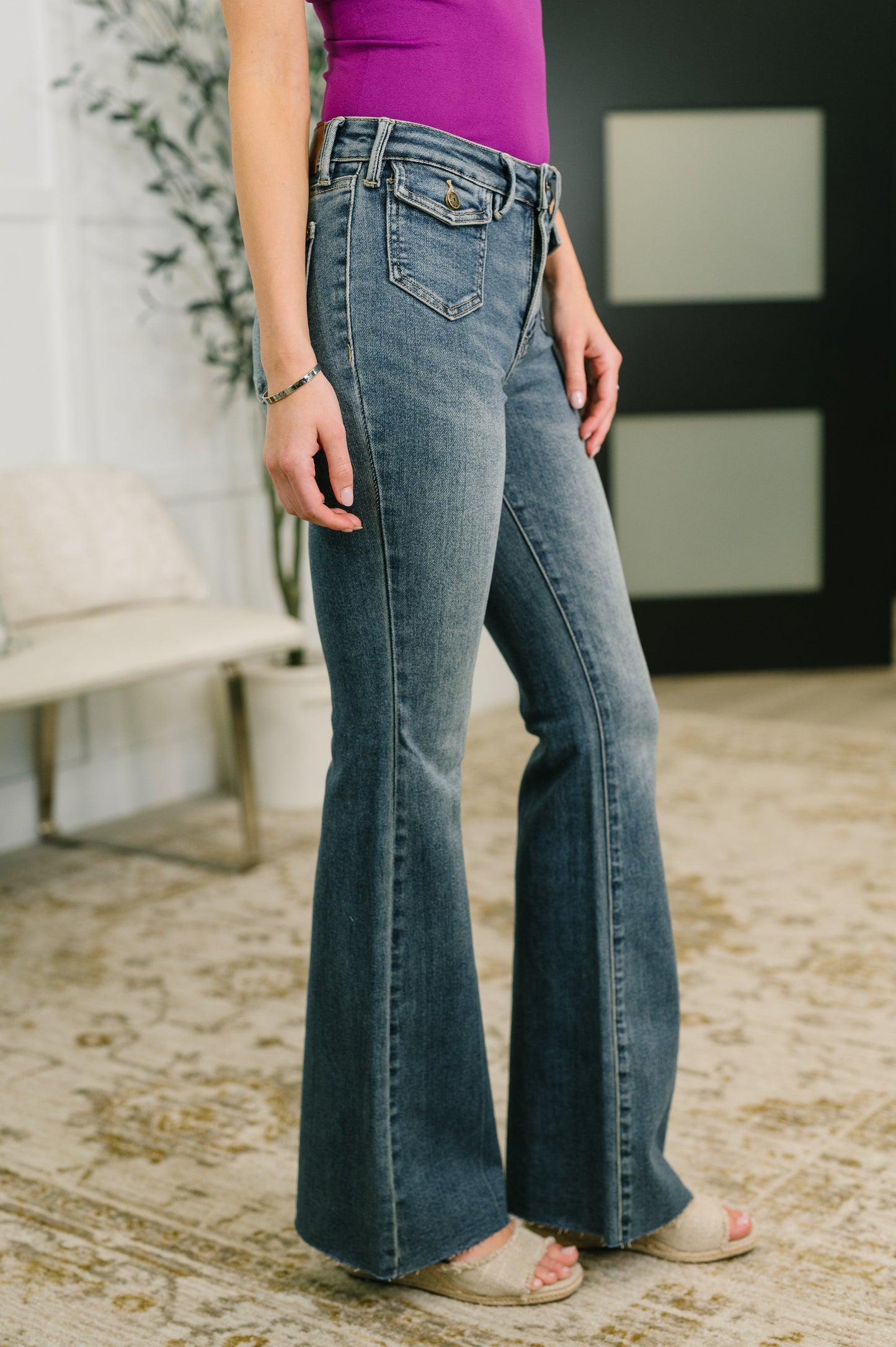 Judy Blue Mid Rise Flare Jean with Front Flap Pockets