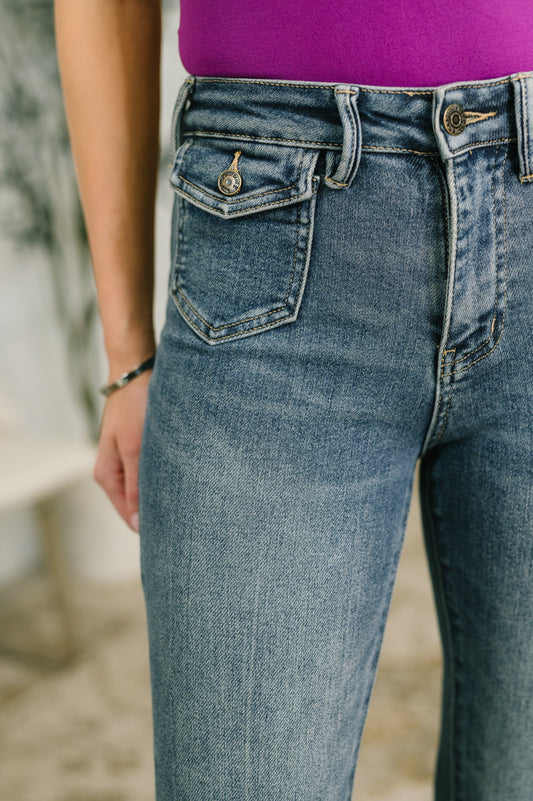 Judy Blue Mid Rise Flare Jean with Front Flap Pockets