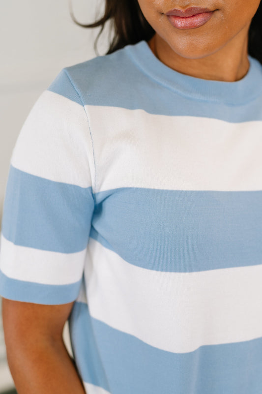 Known for a While Knit Blouse in White and Blue