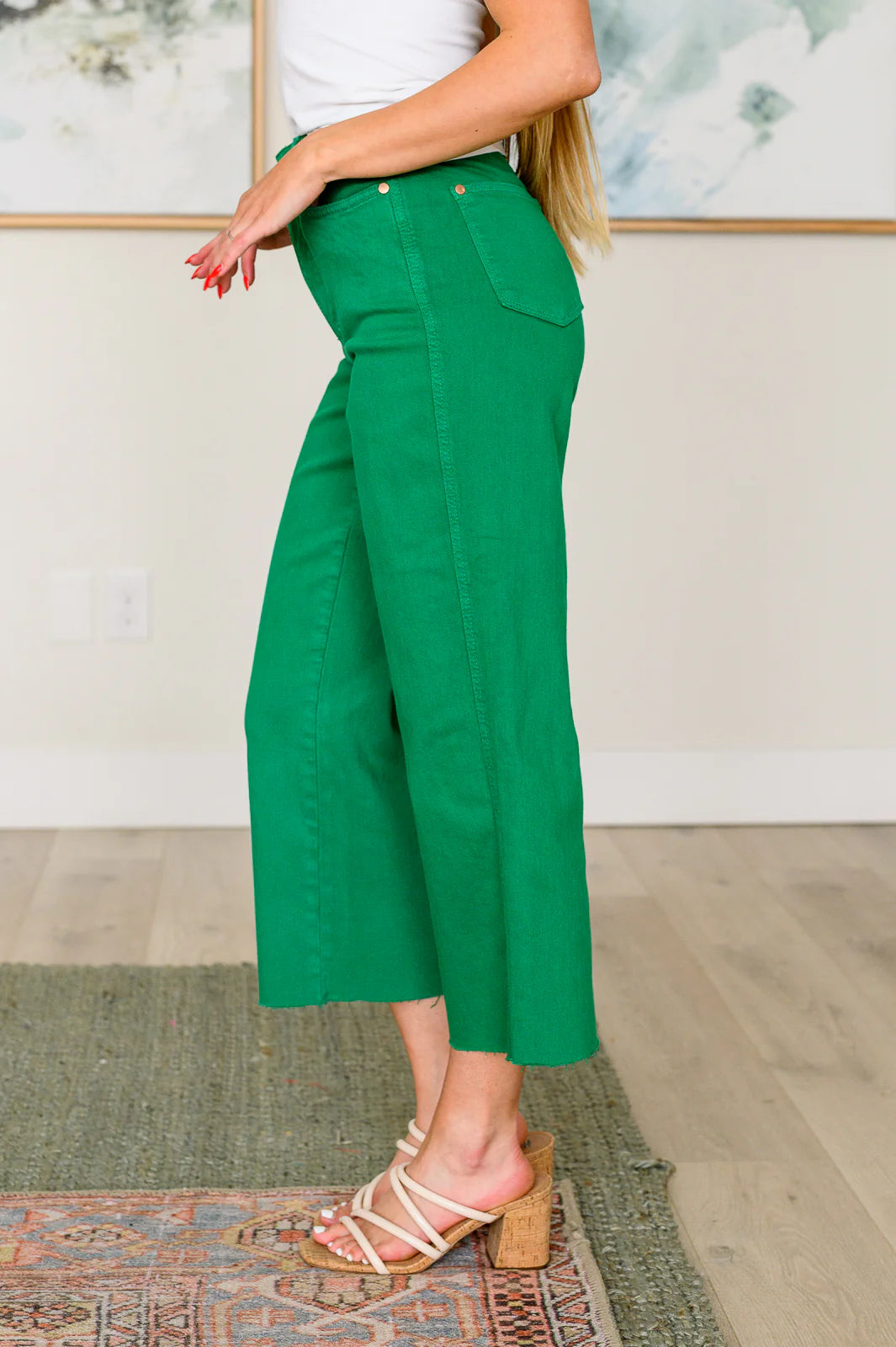 Judy Blue High Rise Control Top Wide Leg Crop Jeans in Kelly Green