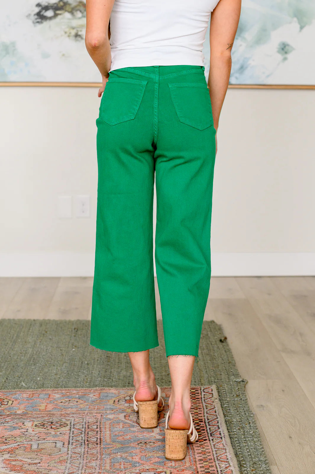Judy Blue High Rise Control Top Wide Leg Crop Jeans in Kelly Green