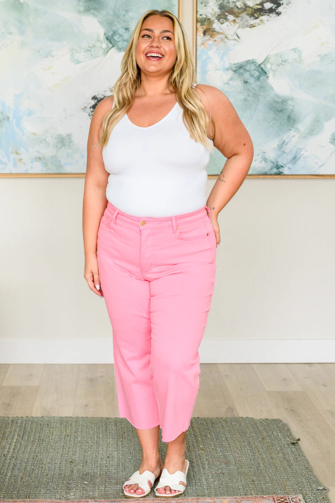 Judy Blue High Rise Control Top Wide Leg Crop Jeans in Pink