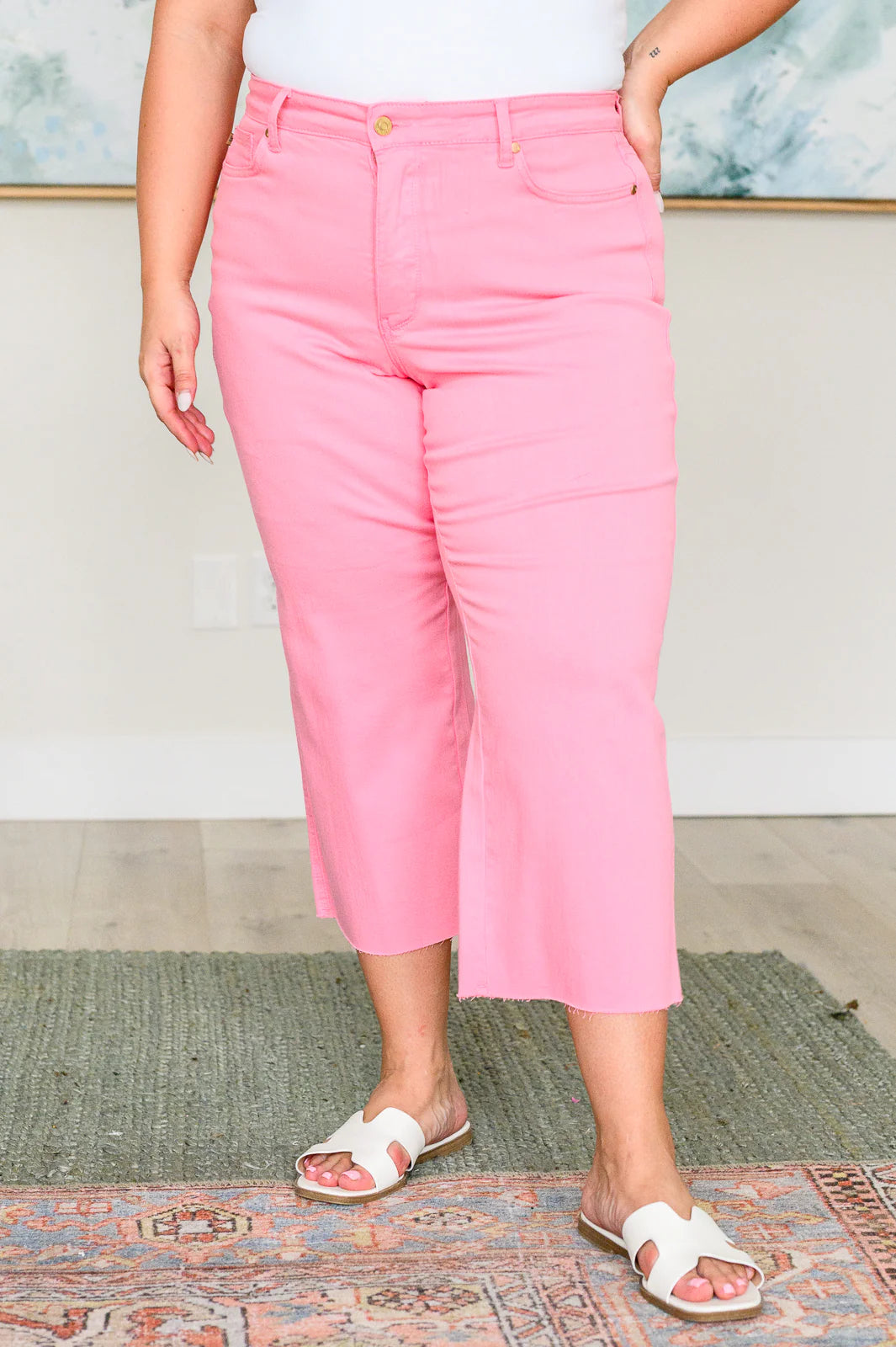 Judy Blue High Rise Control Top Wide Leg Crop Jeans in Pink