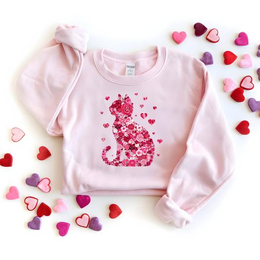 Valentine Floral Cat Crew Graphic Sweatshirt
