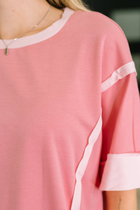 Like Two Old Friends Exposed Seam Top in Pink