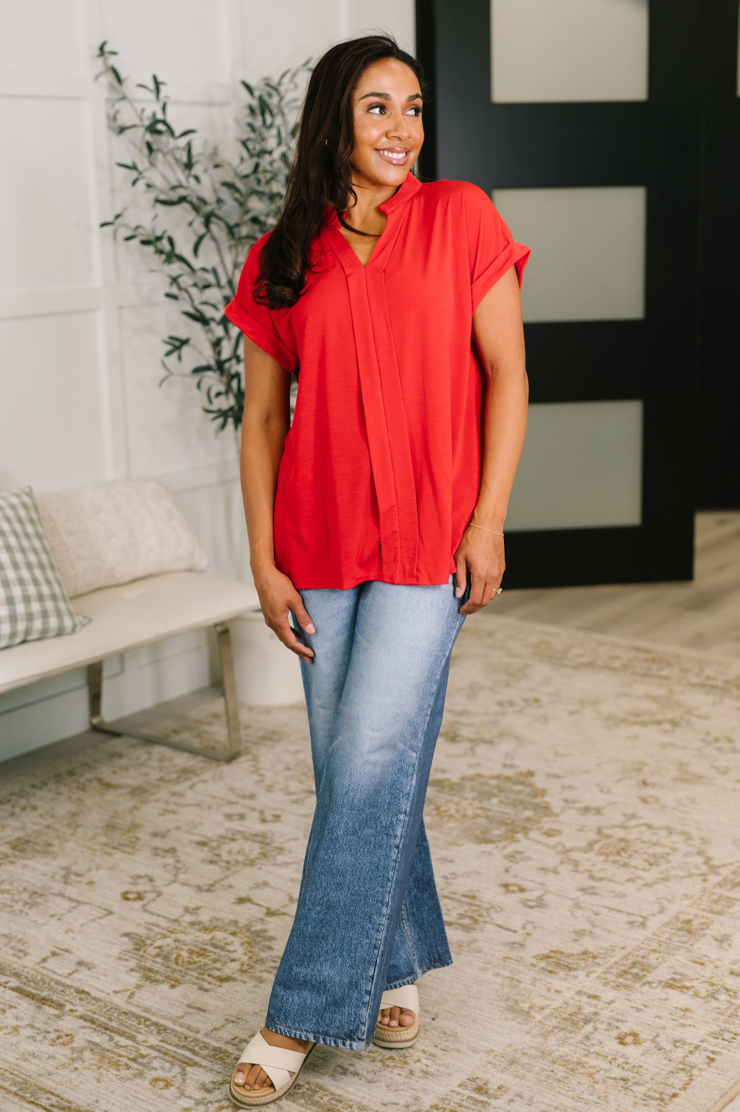 Lizzy Bloom Split Neck Blouse in Red