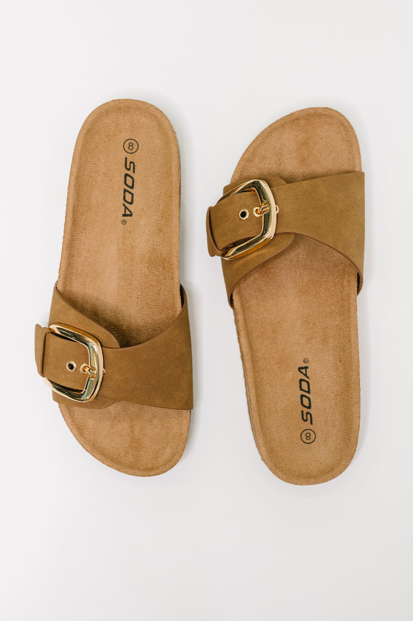 Lizzy Slip On Buckle Strap Sandal in Tan