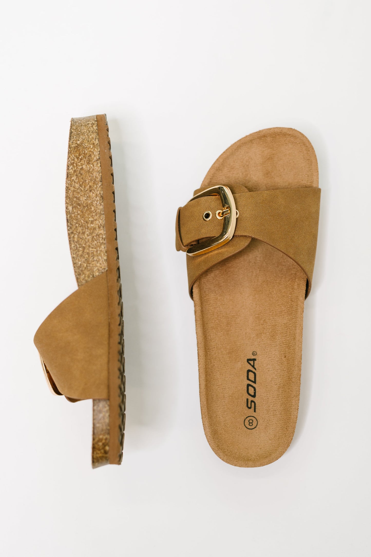 Lizzy Slip On Buckle Strap Sandal in Tan