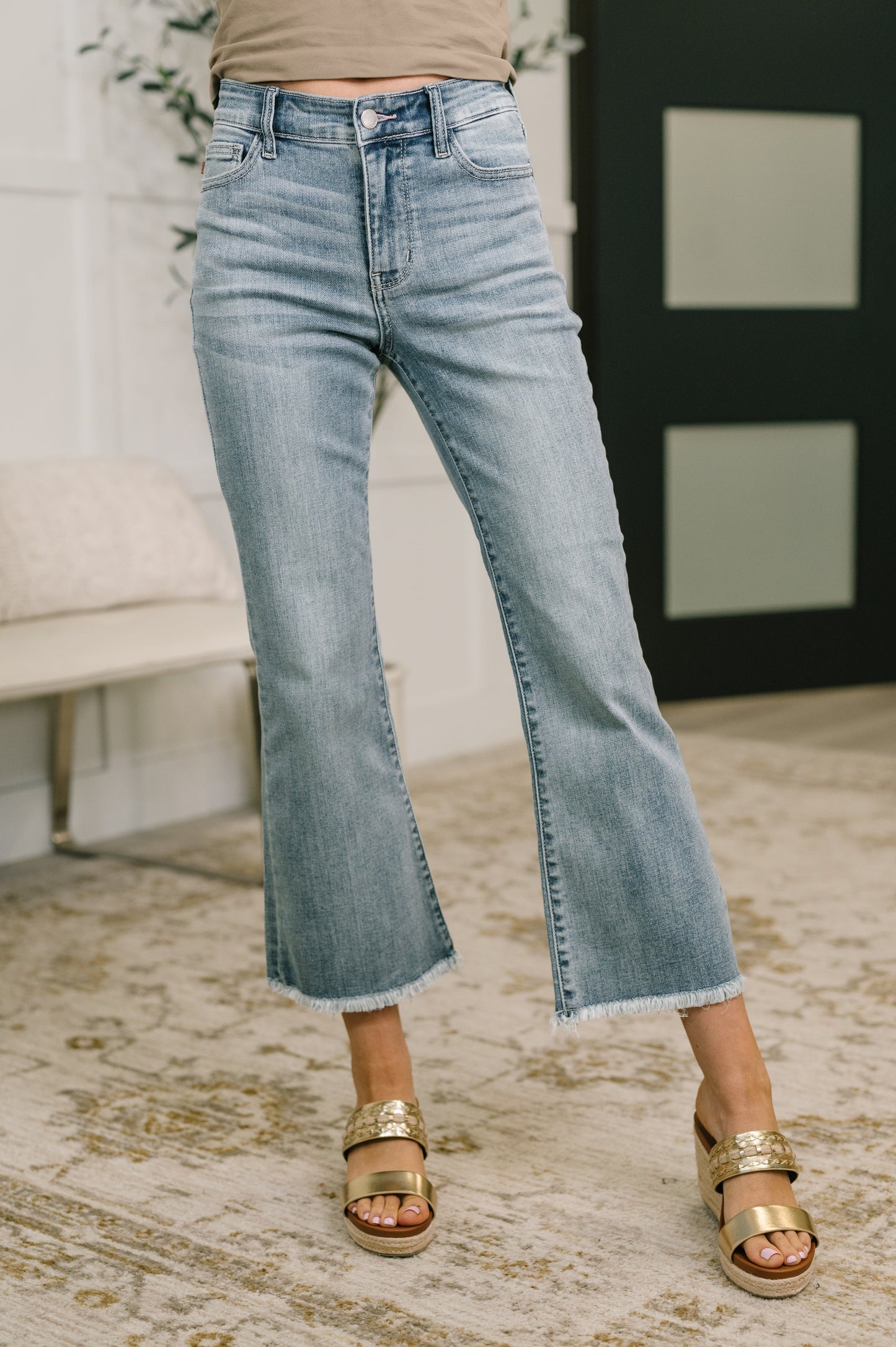 Judy Blue Mid Rise Kick Flare Jeans with Frayed Hem