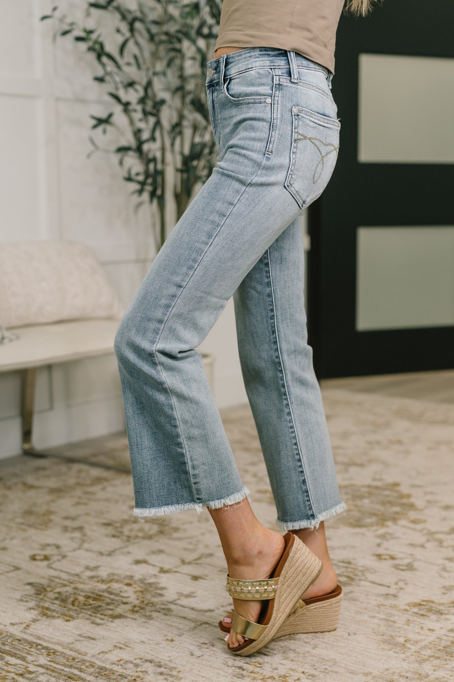 Judy Blue Mid Rise Kick Flare Jeans with Frayed Hem