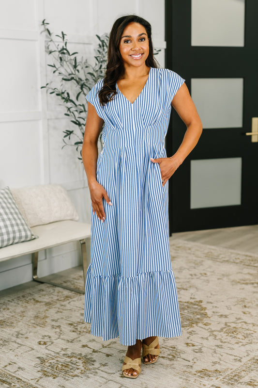 Only Chance Pleated Smock Waist Maxi Dress in Blue