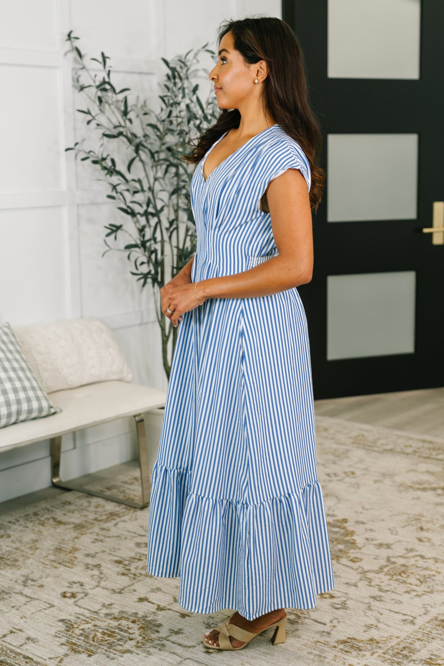 Only Chance Pleated Smock Waist Maxi Dress in Blue
