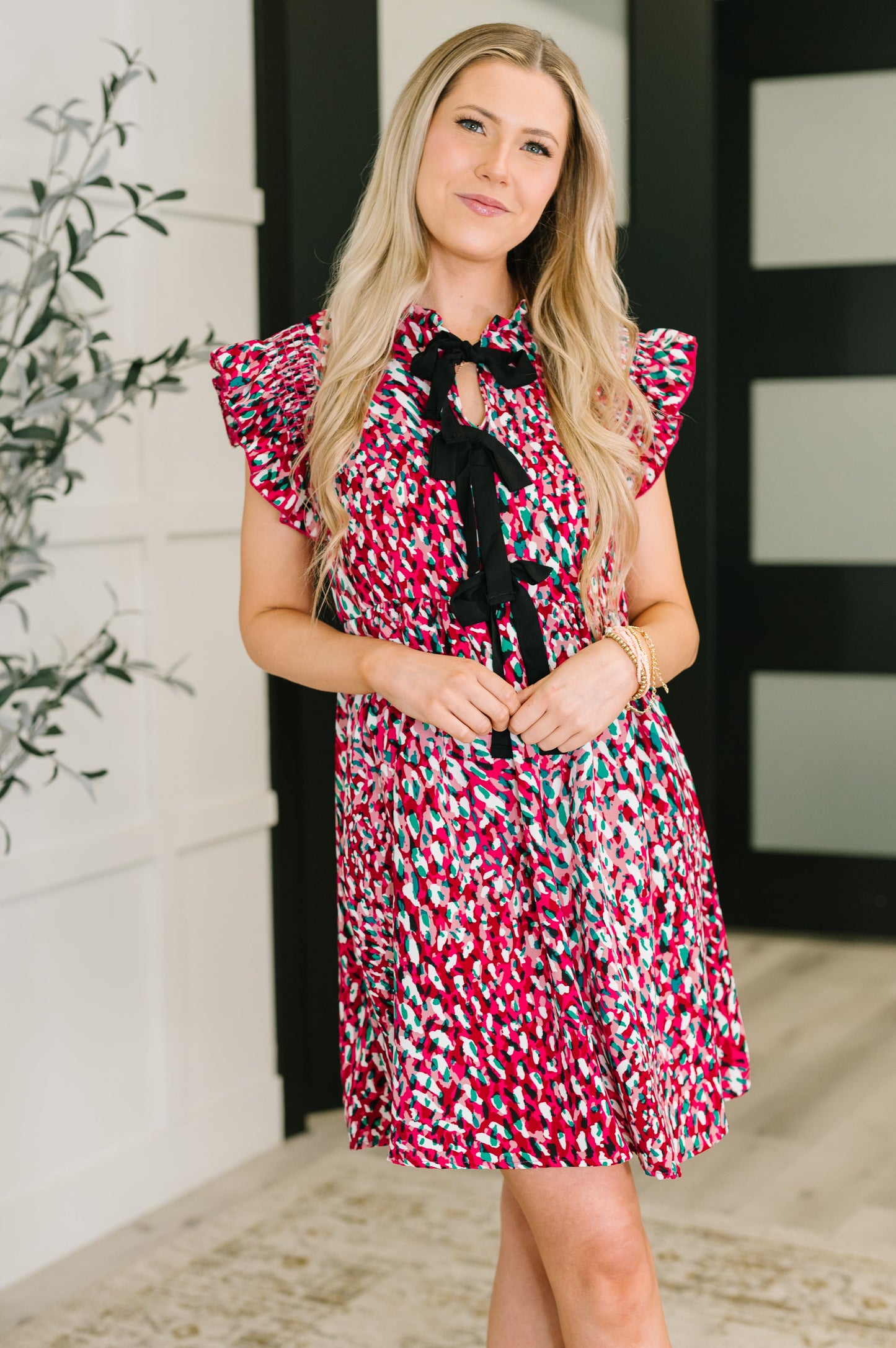 Pattern Pending Bow Detail Dress in Fuchsia and Black