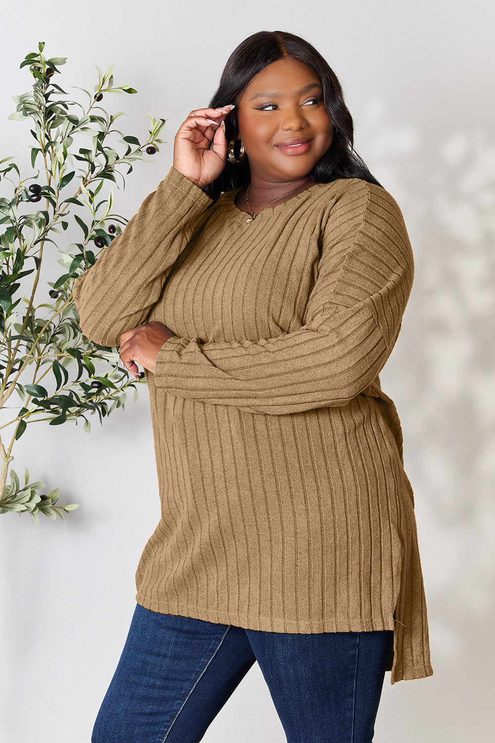 Ribbed Round Neck Long Sleeve Slit Top - 5 Colors