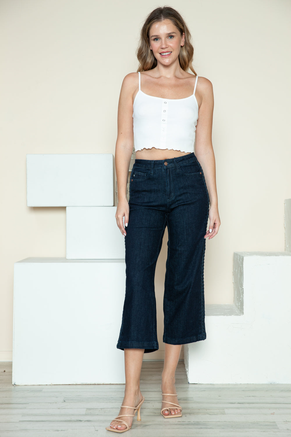 Judy Blue Side Seam Braid Detail High Rise Crop Wide Leg Jeans