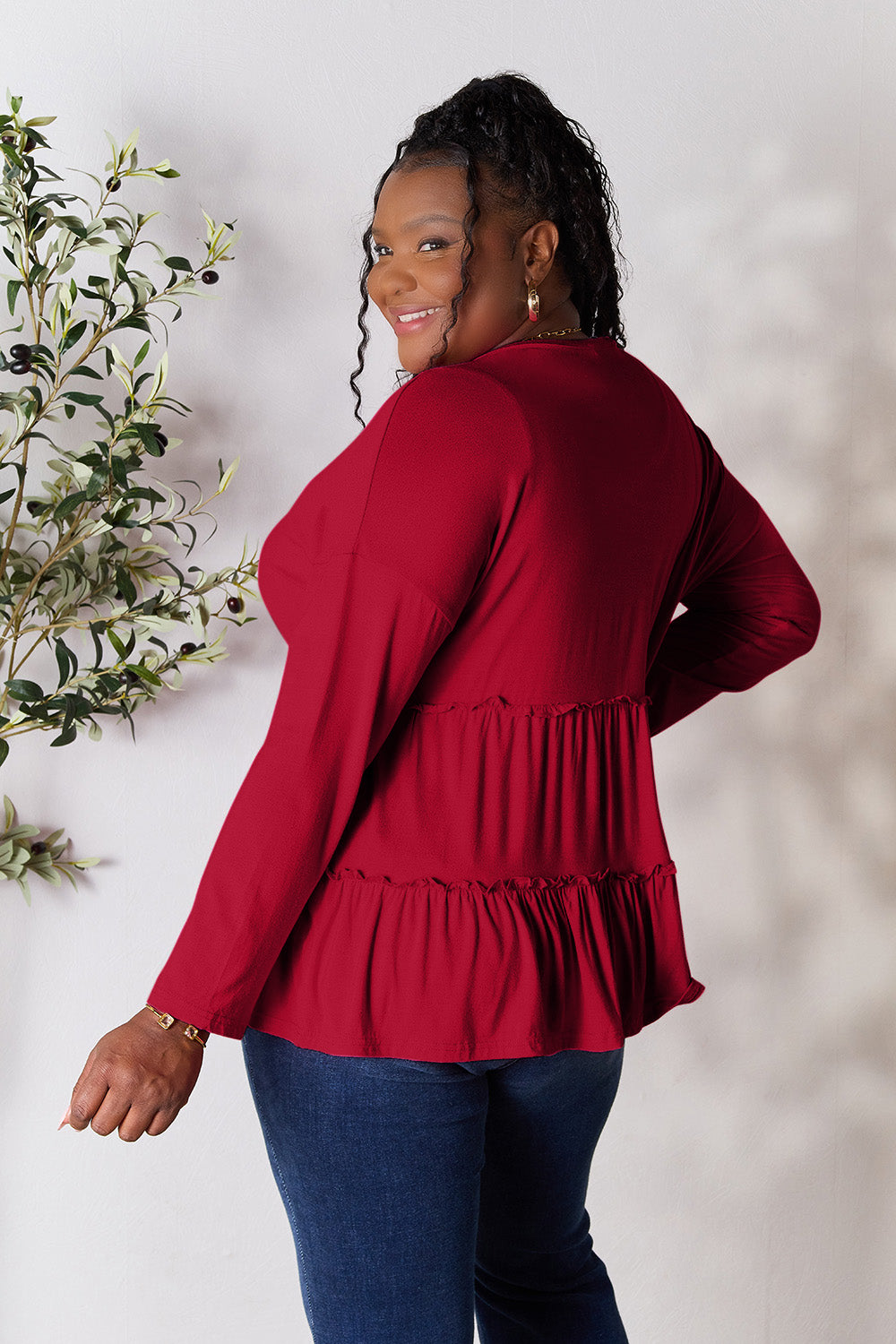 Half Button Long Sleeve Ruffle Hem Blouse - 7 Colors