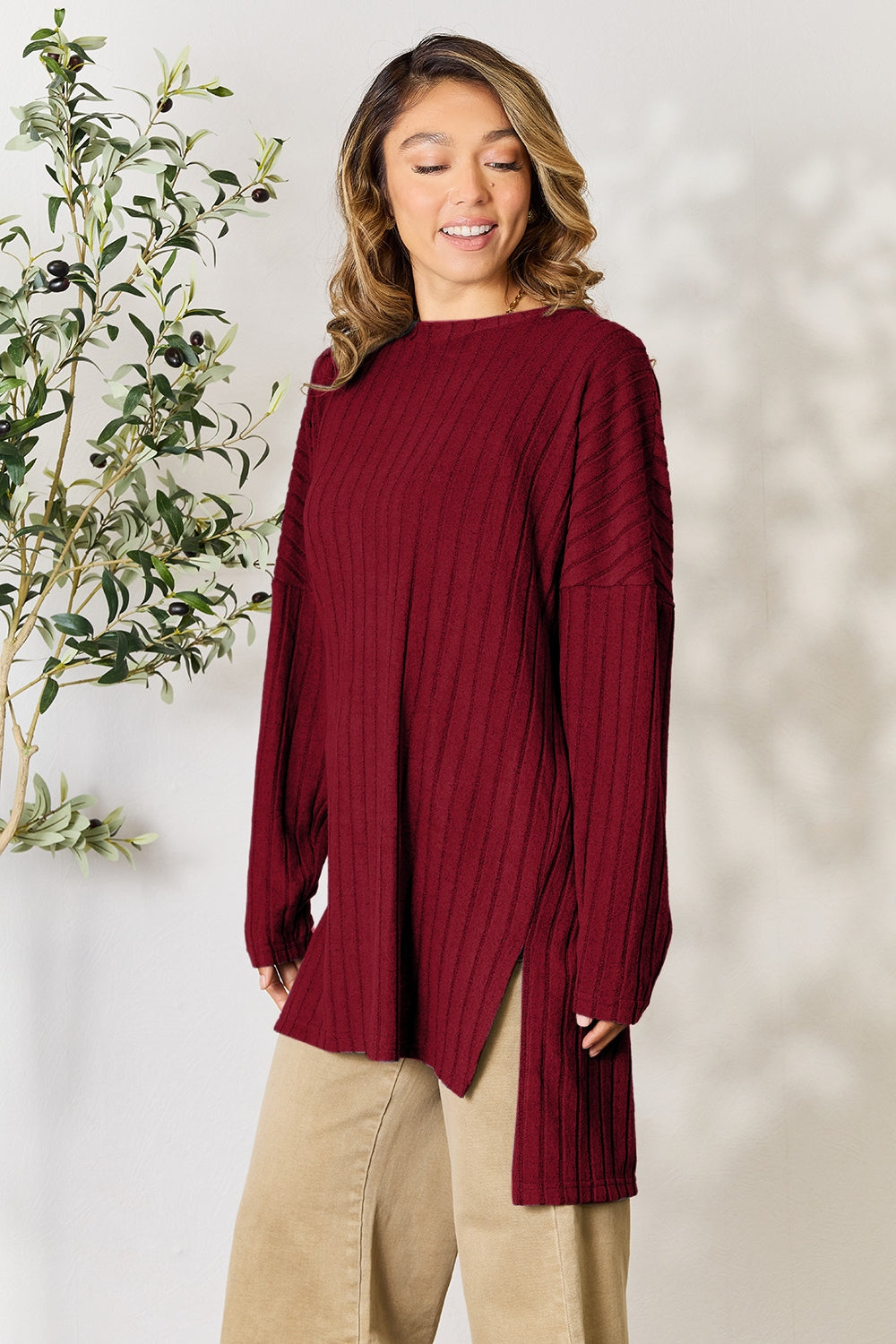 Ribbed Round Neck Long Sleeve Slit Top - 5 Colors