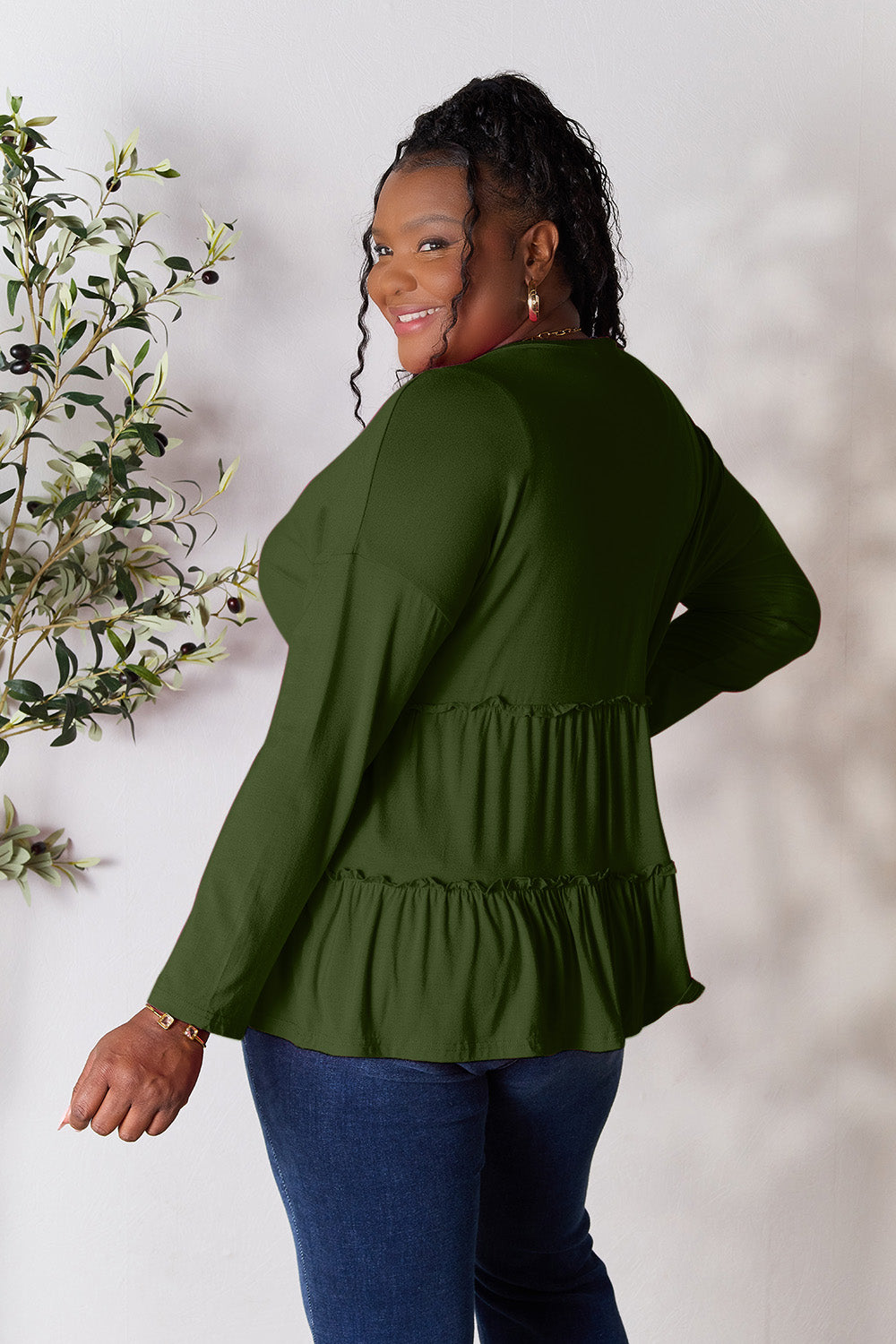 Half Button Long Sleeve Ruffle Hem Blouse - 7 Colors