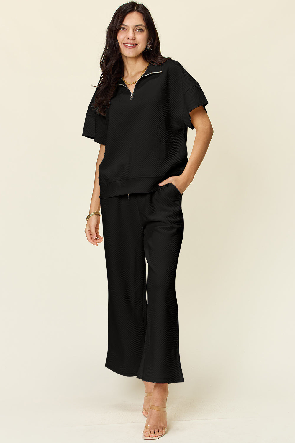 Texture Half Zip Short Sleeve Top and Pants Set - 6 Colors