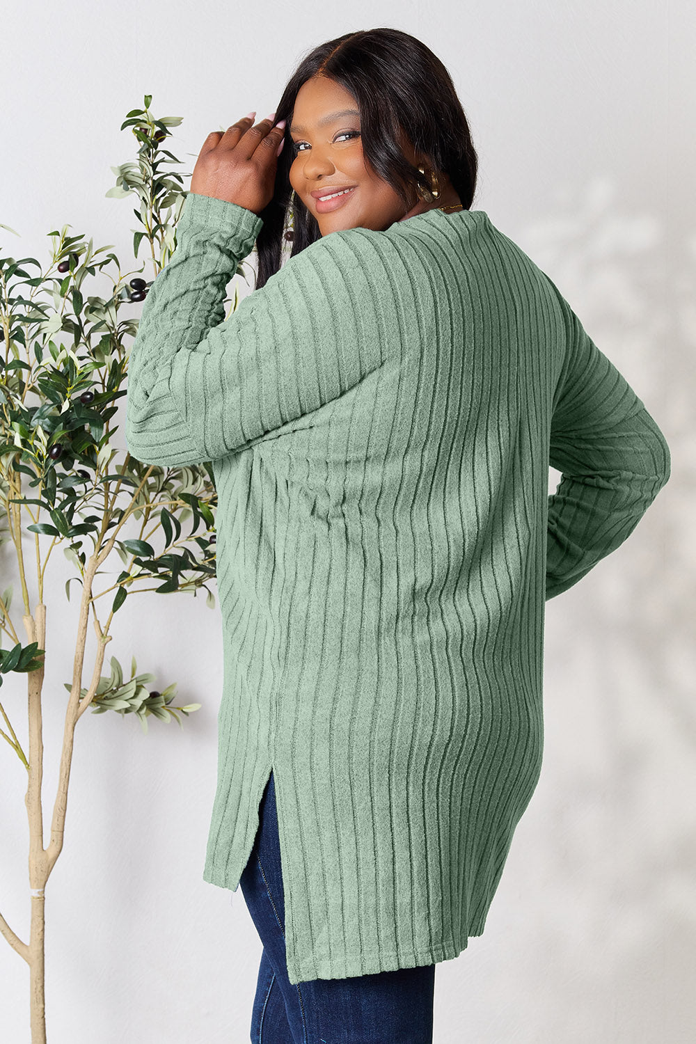 Ribbed Round Neck Long Sleeve Slit Top - 5 Colors