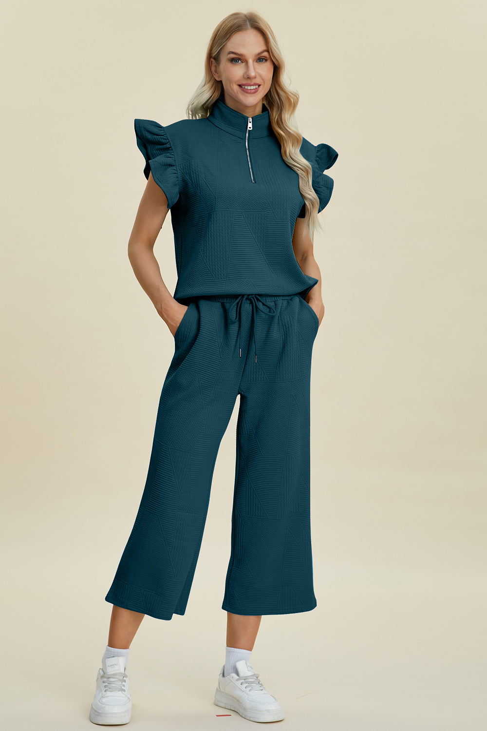 Texture Ruffle Short Sleeve Top and Wide Leg Pants Set - 5 Colors