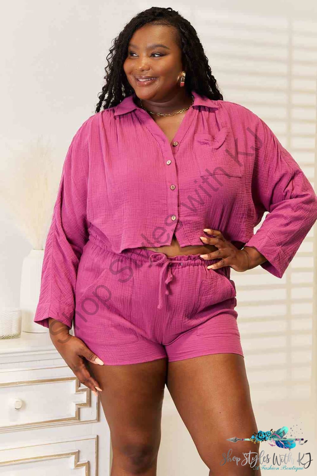 Basic Bae Buttoned Long Sleeve Top And Shorts Set Sets