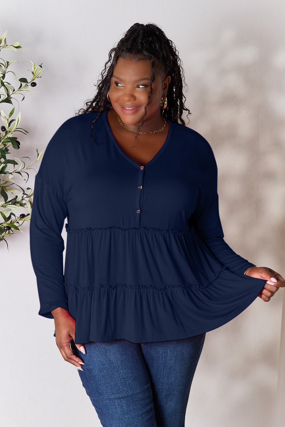Half Button Long Sleeve Ruffle Hem Blouse - 7 Colors