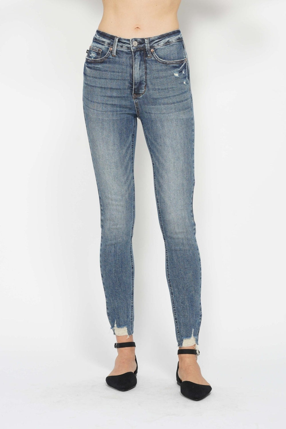 Judy Blue Tummy Control High Rise Vintage Wash Hem Destroy Skinny Jeans