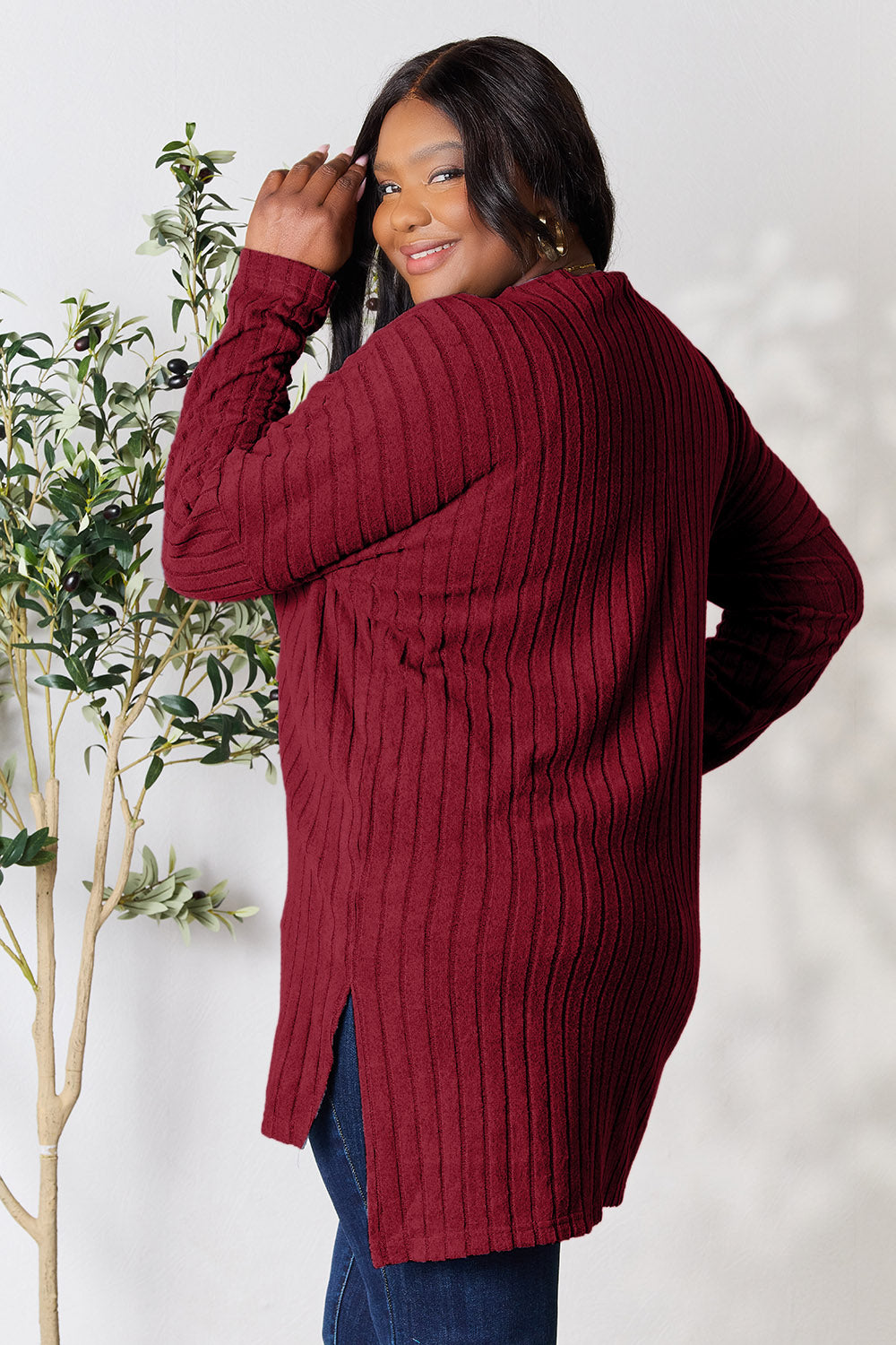 Ribbed Round Neck Long Sleeve Slit Top - 5 Colors