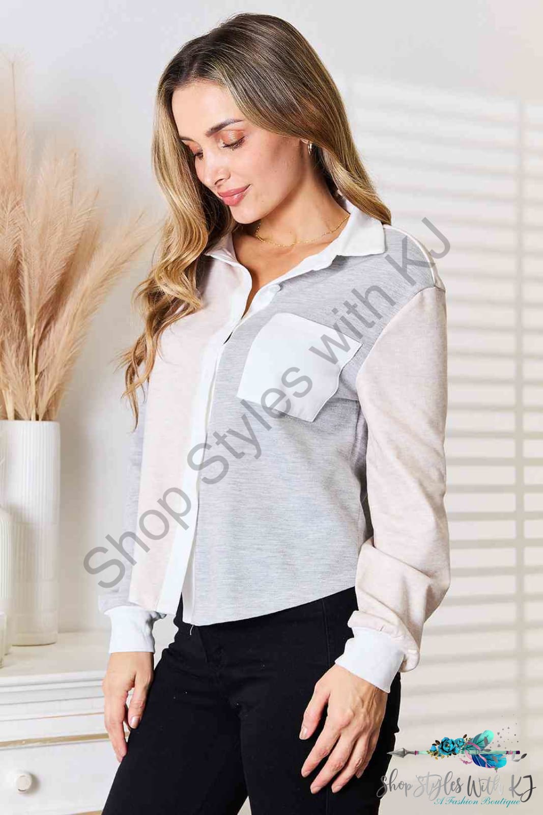 Double Take Color Block Curved Hem Shirt