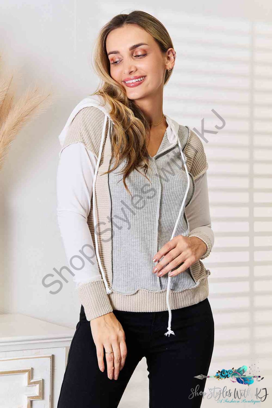 Double Take Color Block Exposed Seam Drawstring Hoodie