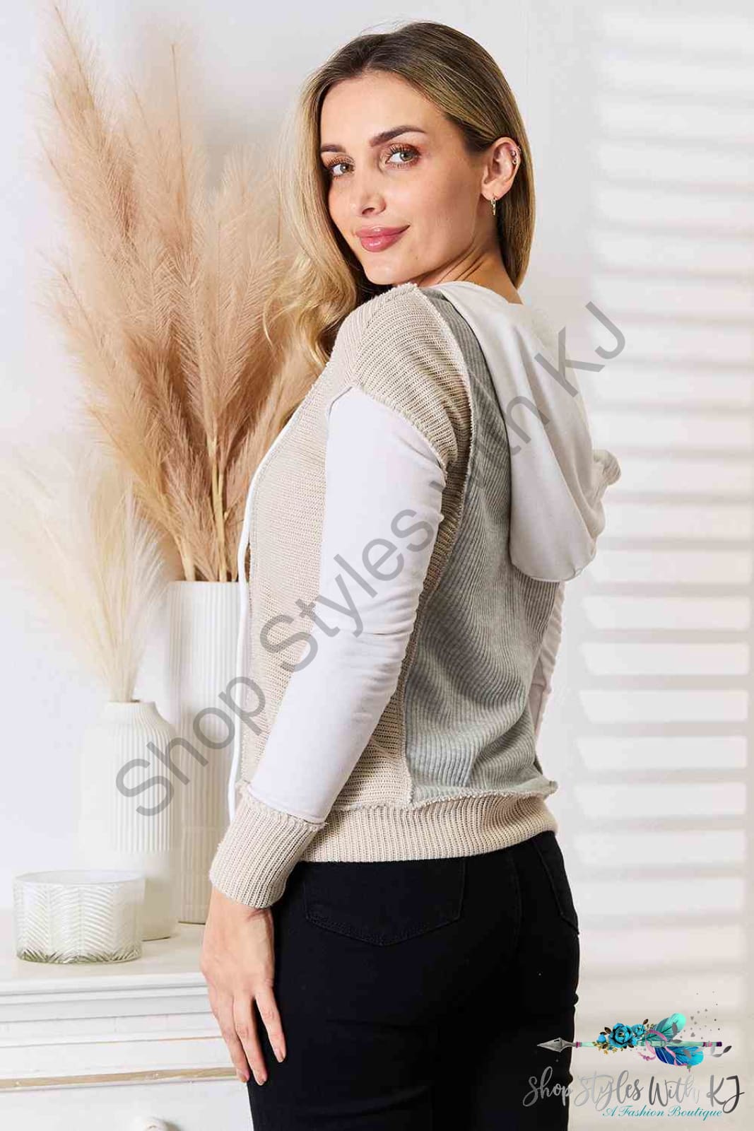 Double Take Color Block Exposed Seam Drawstring Hoodie