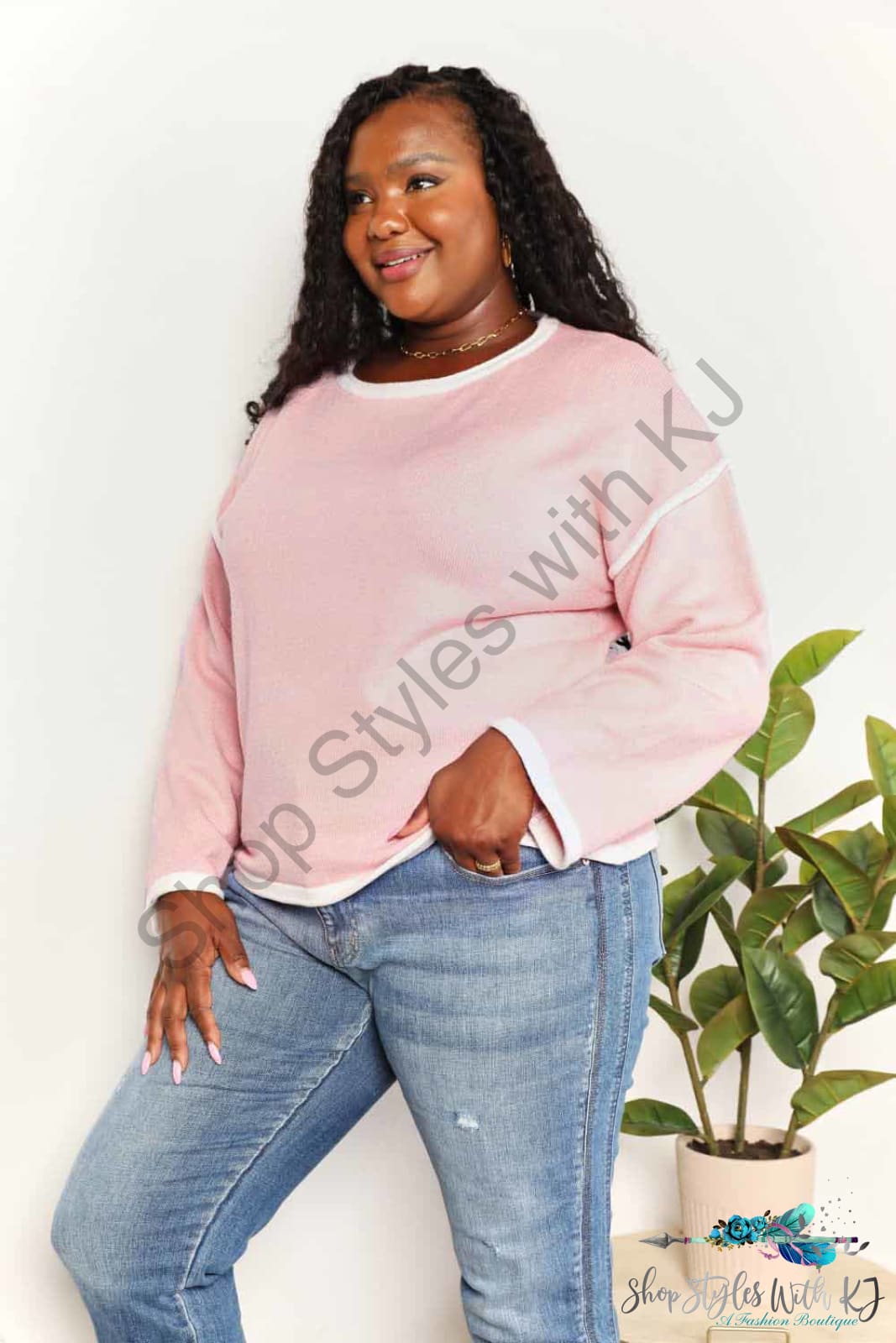 Double Take Contrast Detail Dropped Shoulder Knit Top Blush Pink / S
