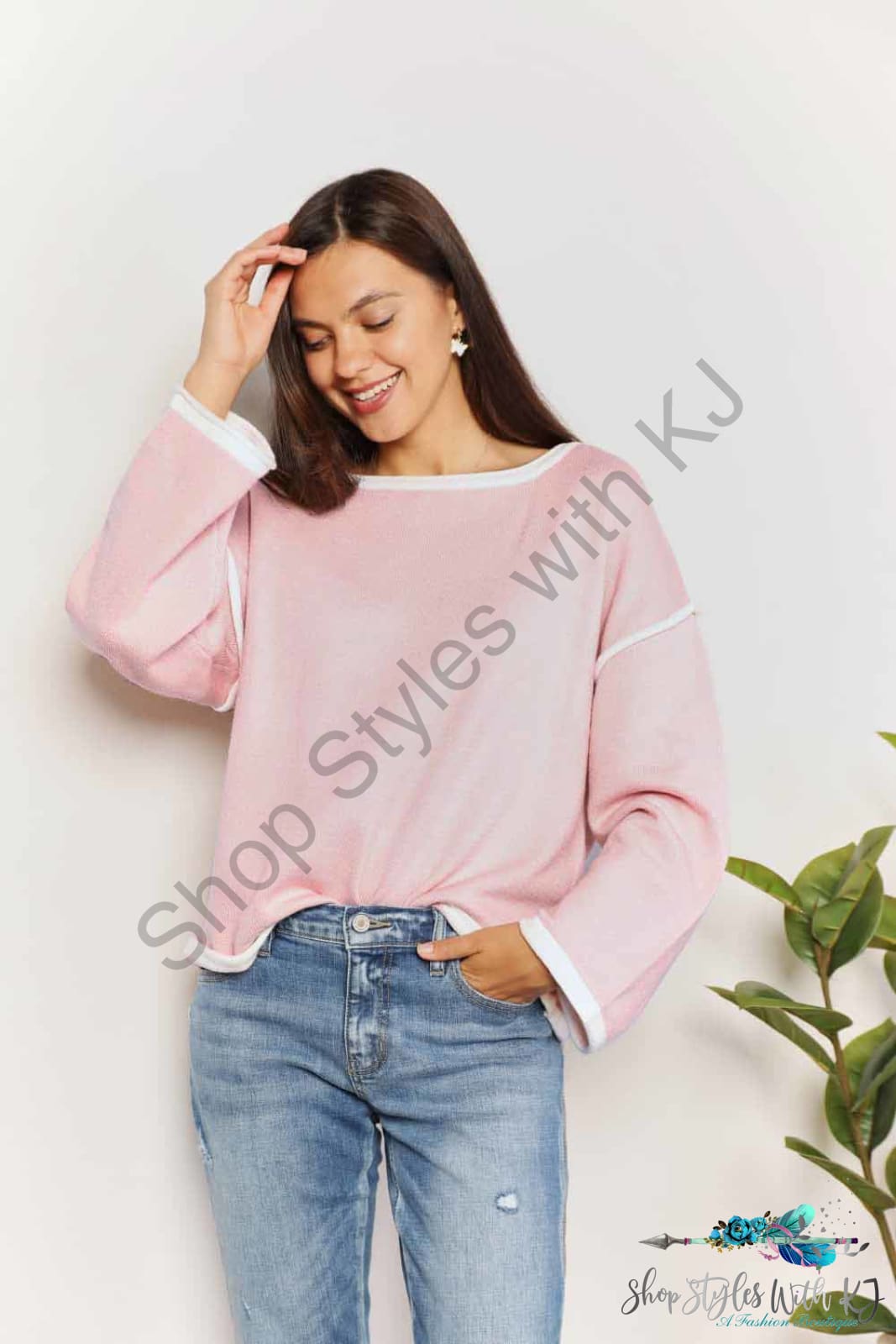Double Take Contrast Detail Dropped Shoulder Knit Top