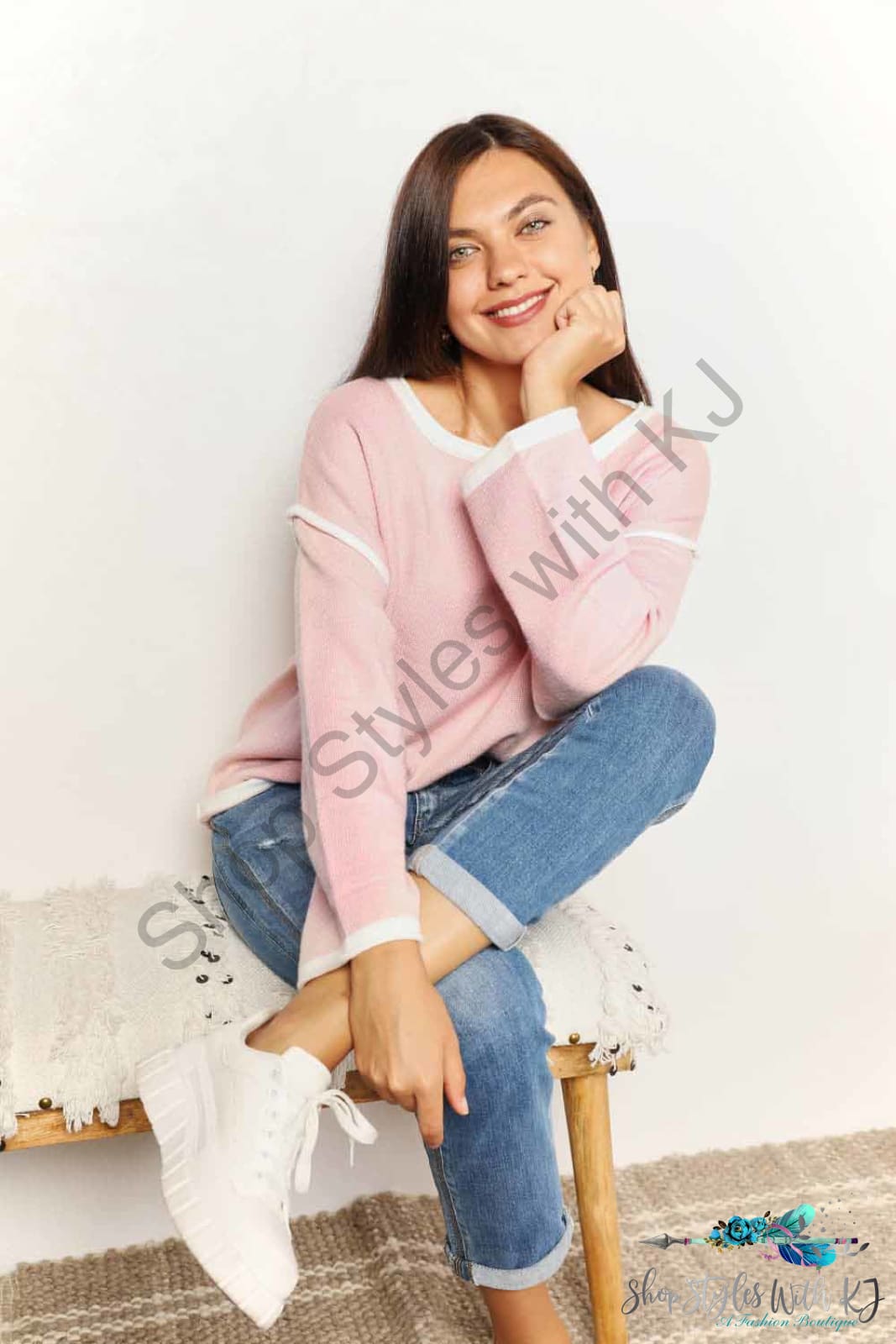 Double Take Contrast Detail Dropped Shoulder Knit Top