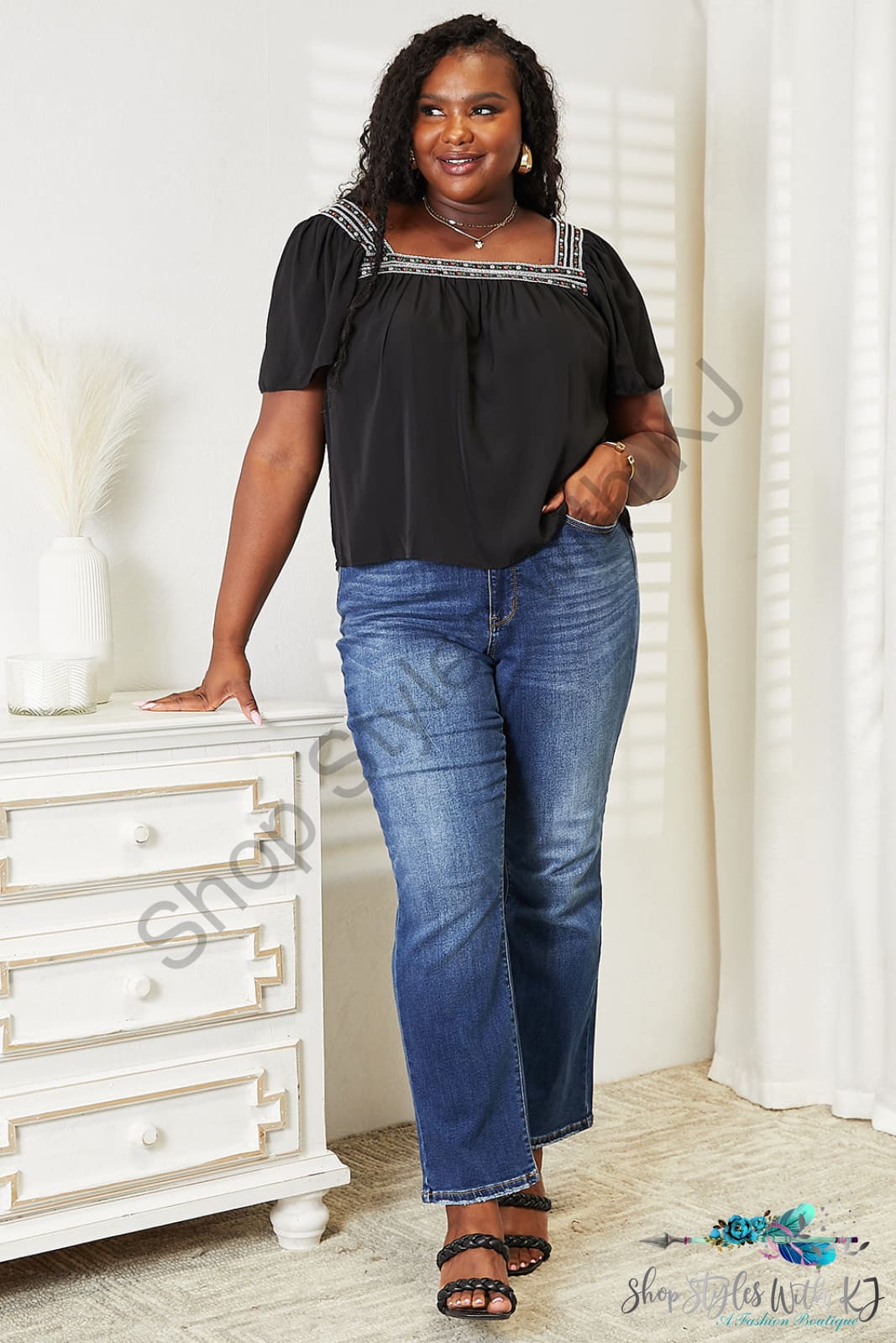 Double Take Contrast Square Neck Puff Sleeve Blouse Shirts & Tops