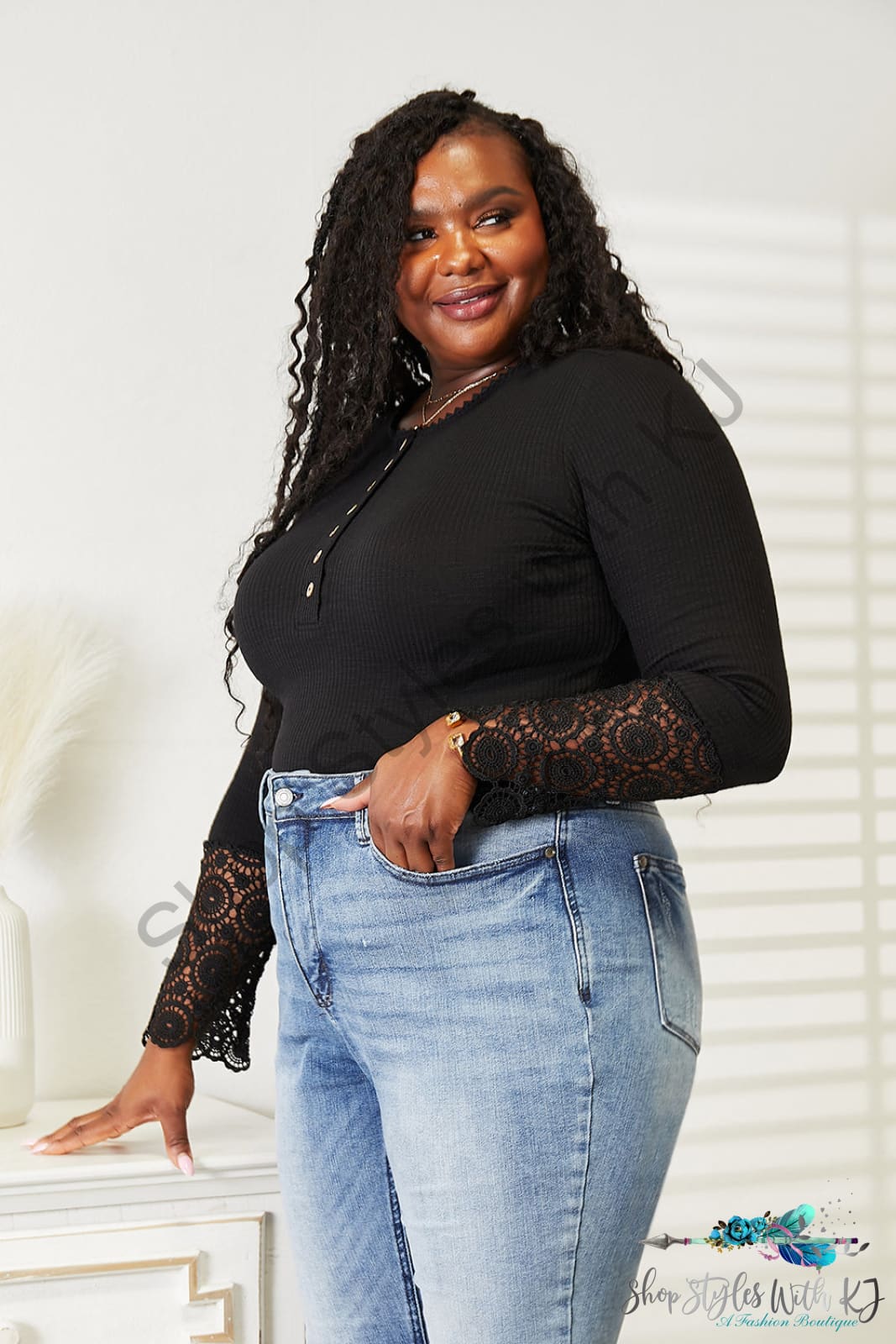 Double Take Crochet Lace Hem Sleeve Button Top Shirts & Tops